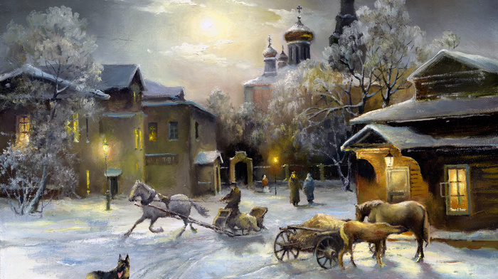 sky, painting, stunner, dog, church, light, horses, snow