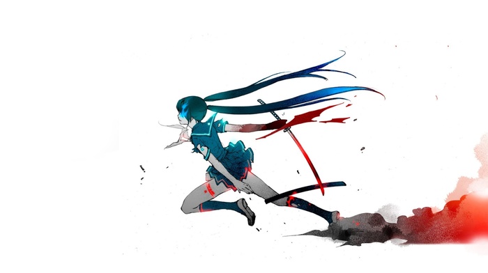 anime, blue hair, white background, simple background, blue eyes, blood, katana