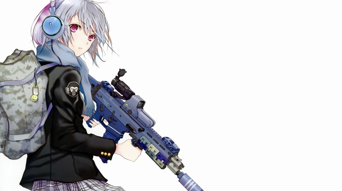 scarf, white background, jacket, weapon, anime, SCAR, anime girls, purple eyes, military, scopes, red eyes, suppressors, simple background, backpacks, headphones, original characters, school uniform, white hair