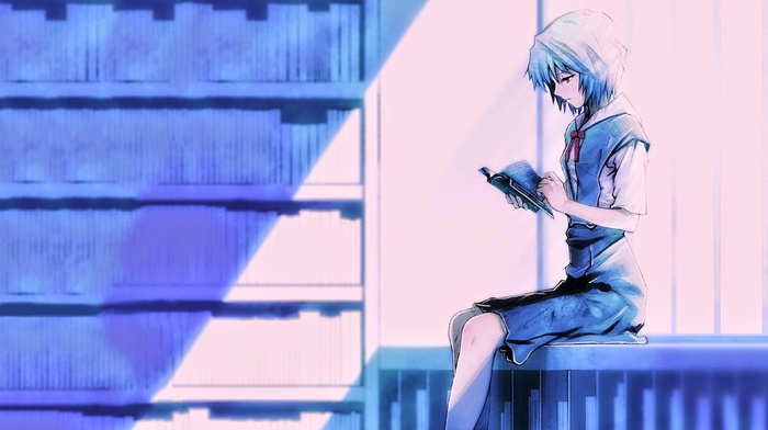 school uniform, Ayanami Rei, blue hair, Neon Genesis Evangelion, anime