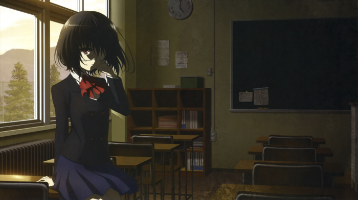 anime girls, eyepatches, Another, Misaki Mei, classroom, school uniform