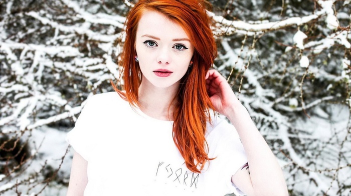 redhead, girl outdoors, girl, snow
