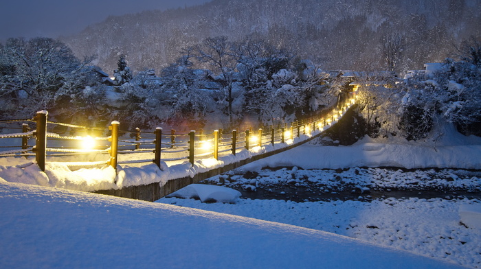 bridge, river, nature, winter, night