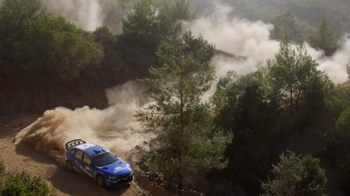 Subaru, rally cars, dust