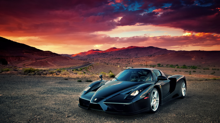 desert, ferrari, cars, sunset