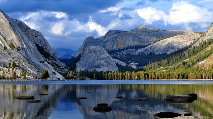 lake, clouds, sky, nature, trees, mountain, forest