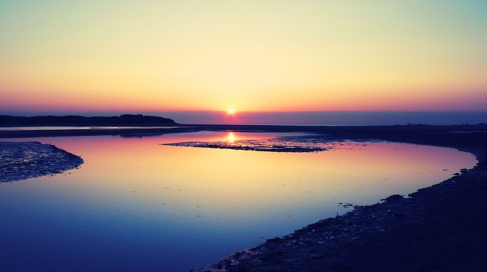 coastline, sunset, water