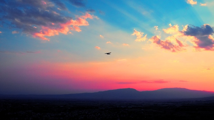 sunset, mountain, airplane, clouds