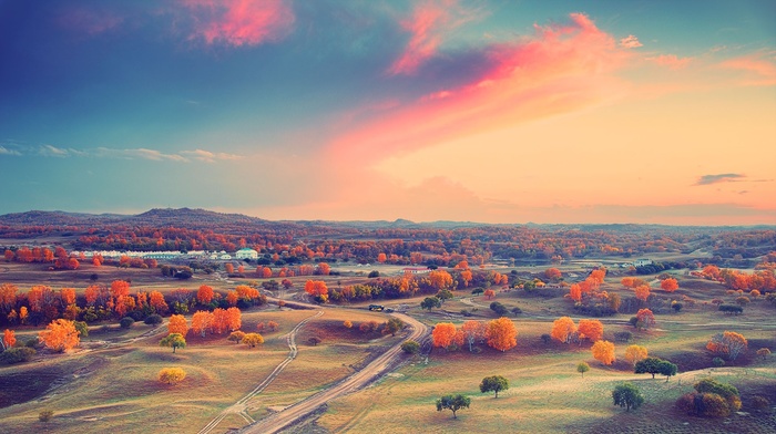 sky, landscape, red, trees, fall