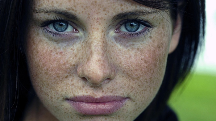 freckles, brunette, face, blue eyes