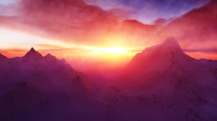 sunset, mountain, snowy peak, snow