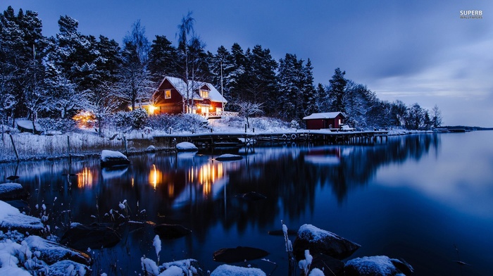 landscape, cabin, winter, lake, nature