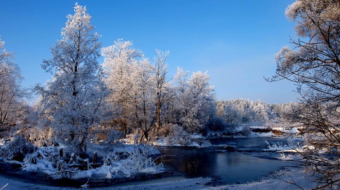 landscape, snow, trees, river, nature