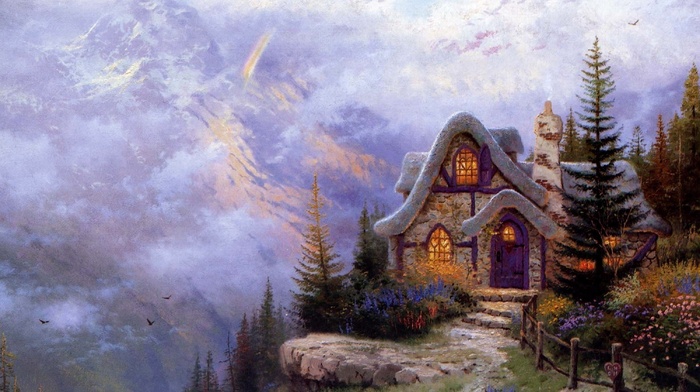 painting, house, stunner, mountain