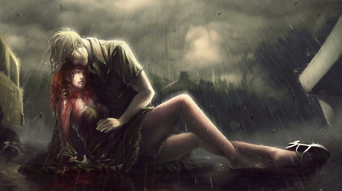 rain, redhead, artwork, blood, people, girl, death, fantasy art, love