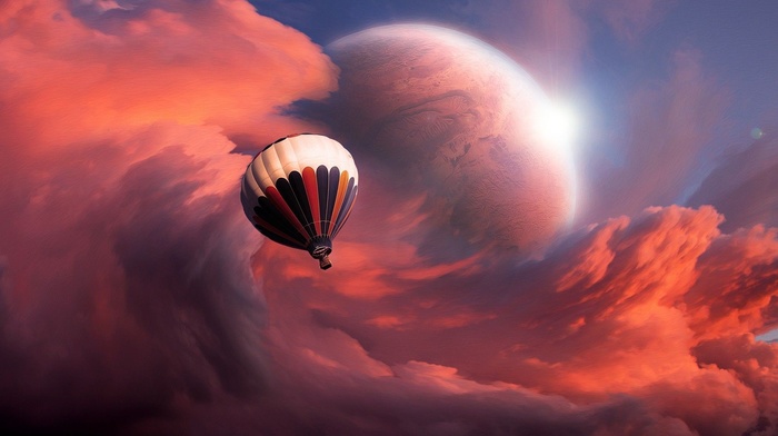 clouds, hot air balloons, colorful, fantasy art, planet, artwork, flying