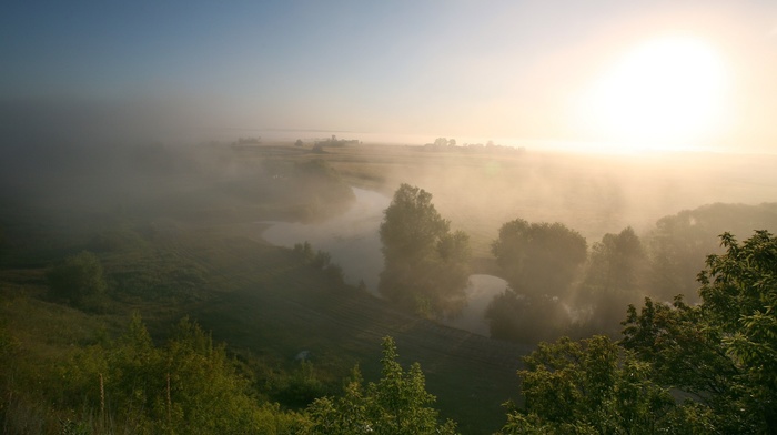 mist, river, landscape, field