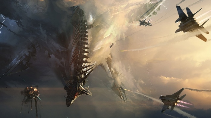 battle, sky, jets, dragon, war, fantasy art, artwork