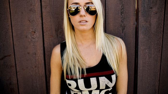 fence, sunglasses, girl, long hair, reflection, blonde