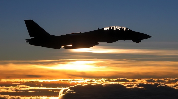 airplane, silhouette, Grumman F, 14 Tomcat, military aircraft, clouds, jets, sunlight