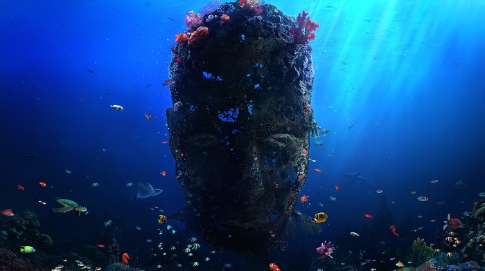 coral, digital art, sunlight, underwater, fish, face