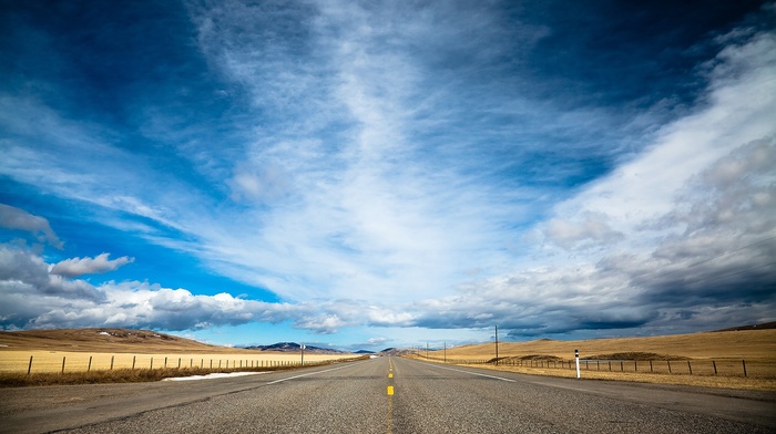 road, landscape, clouds