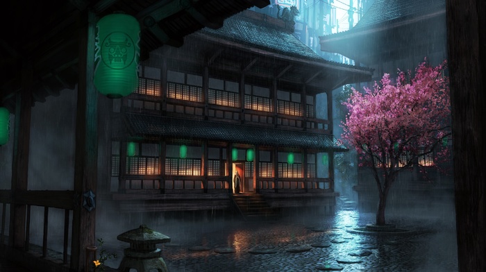 rain, Japan, lantern