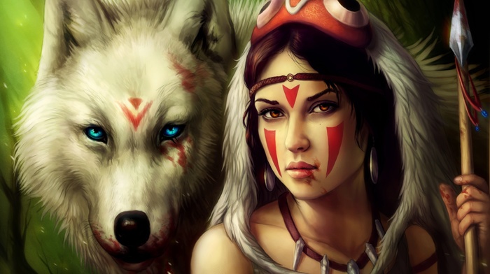 wolf, artwork, Princess Mononoke, girl
