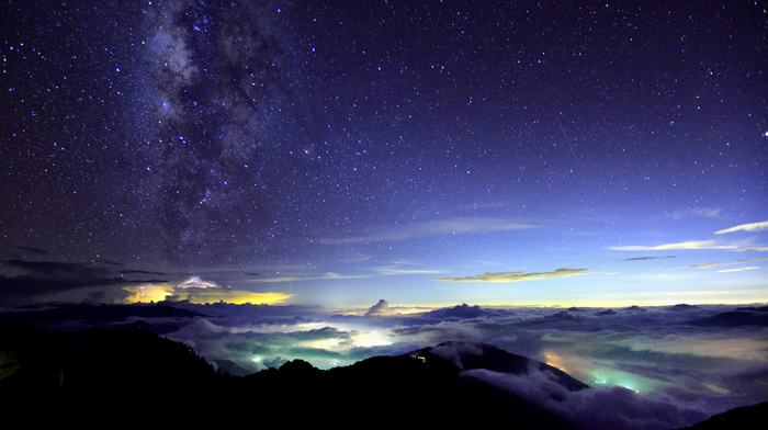 nature, mountain, Japan, night, sky, lights, stars