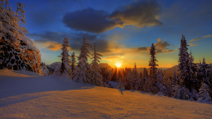 winter, sunset