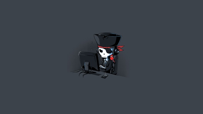 pirates, skeleton, monitor, headphones