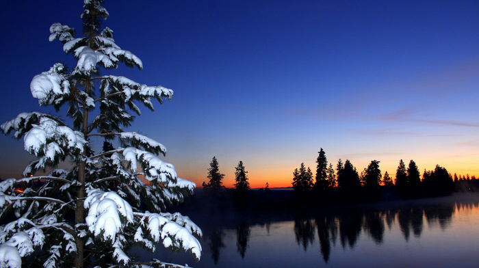snow, river, sky, forest, sunset, winter, nature