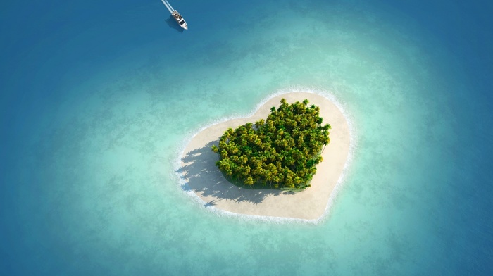 palm trees, heart, sea, nature, island, love