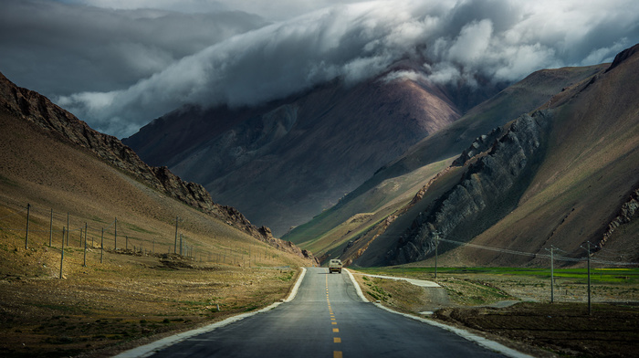 nature, mountain, road, clouds, car