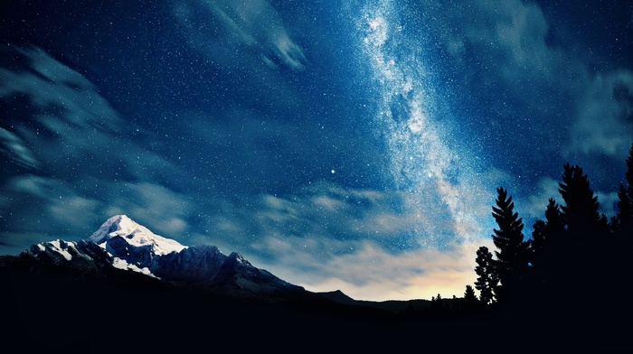 stars, stunner, night, sky, mountain, trees, clouds, space