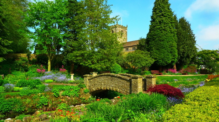 bridge, flowers, trees, summer, castle