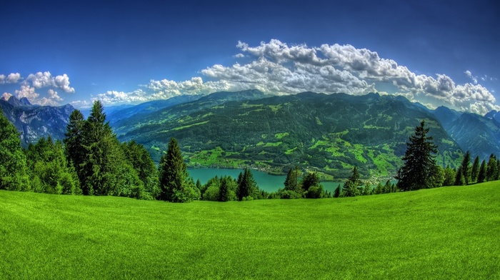 mountain, Alps, green, river, nature, sky, clouds, forest, grass