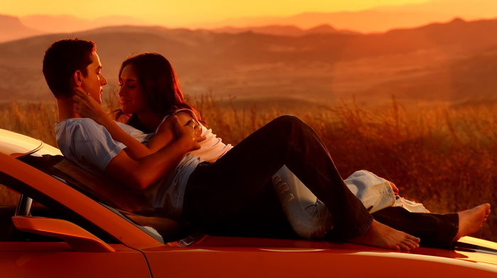 car, Transformers, sight, girl, smiling, boy, movies, sunset