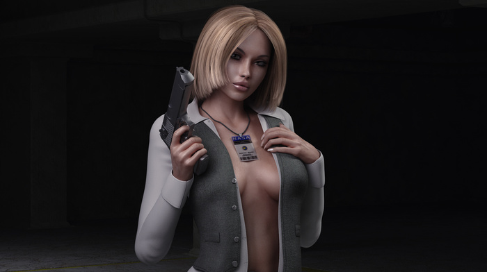 pistol, boobs, girl, 3D