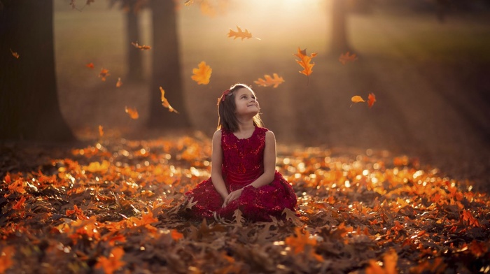 Sun, girlie, leaves, autumn, children, park