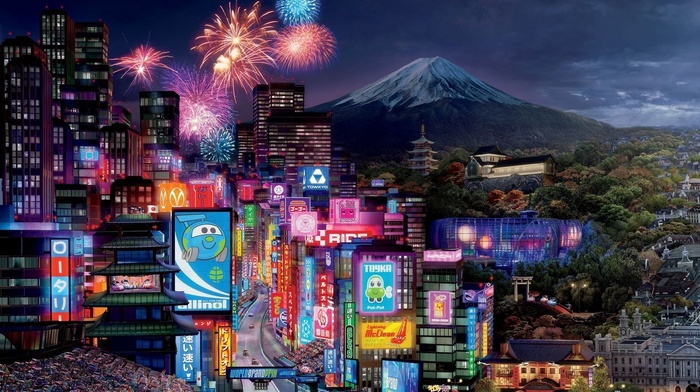 cities, volcano, neon, city, Tokyo