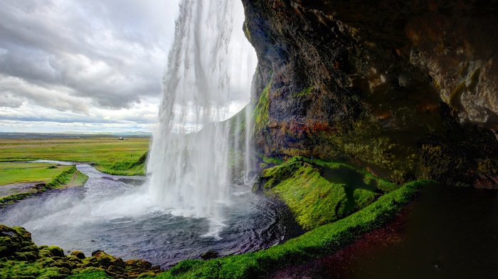 sky, clouds, waterfall, water, nature, stone, Iceland, mountain