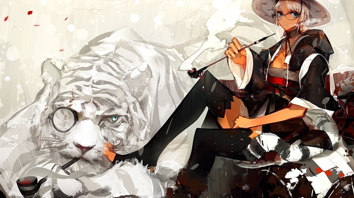 tiger, original characters, thigh, highs, anime girls