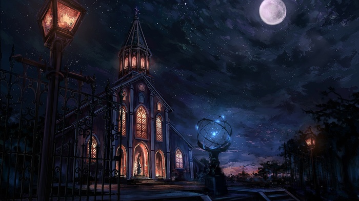 moon, church, fantasy art, city, night, cityscape