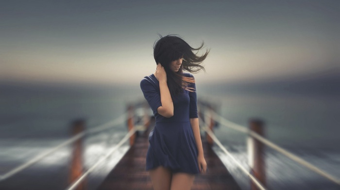 blue dress, wind, girl, brunette, girl outdoors, dress