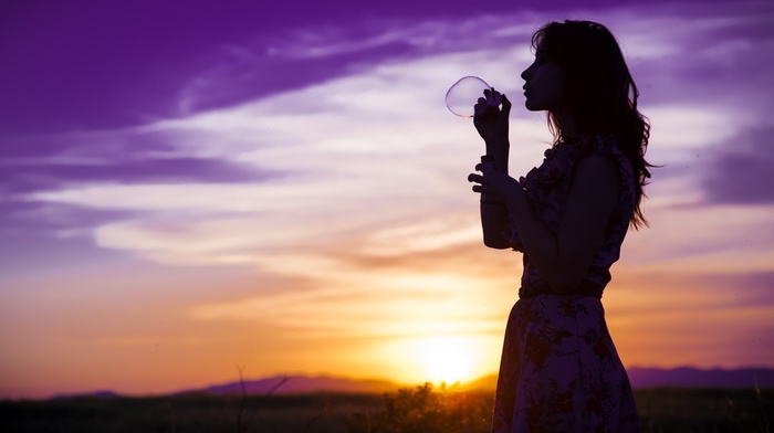 bubbles, girl, girl outdoors, purple, profile, floral, sunset