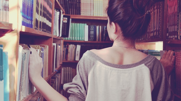 hair bun, girl, back, books