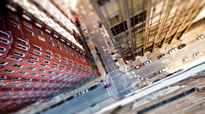 road, tilt shift, aerial view, building, New York City, car