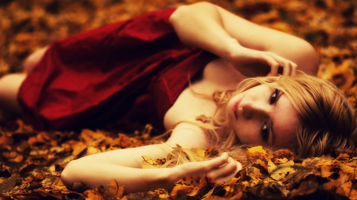 girl, blonde, leaves, girl outdoors, filter, red dress