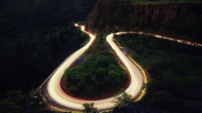 hairpin turns, road, forest